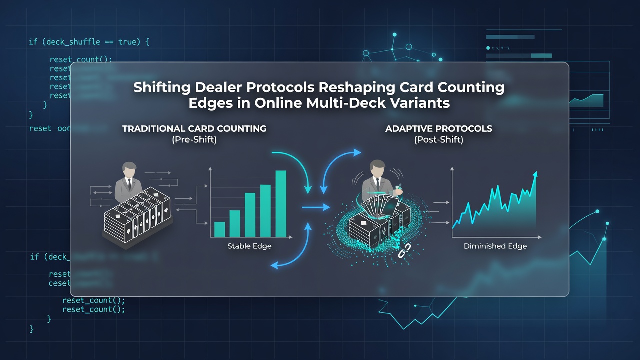 Graph and charts displaying card counting edge variations across multi-deck blackjack variants with protocol changes