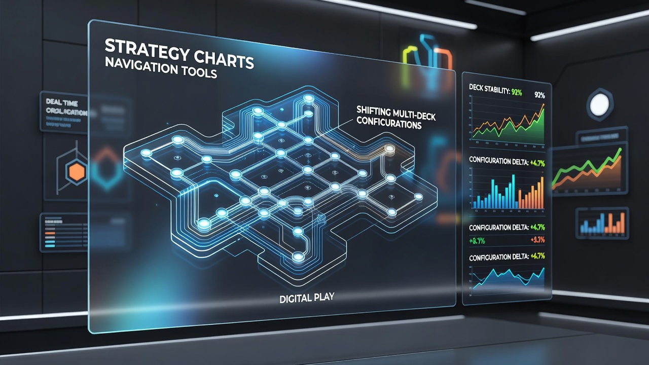Player reviewing updated strategy chart on tablet while digital blackjack table displays new deck configuration